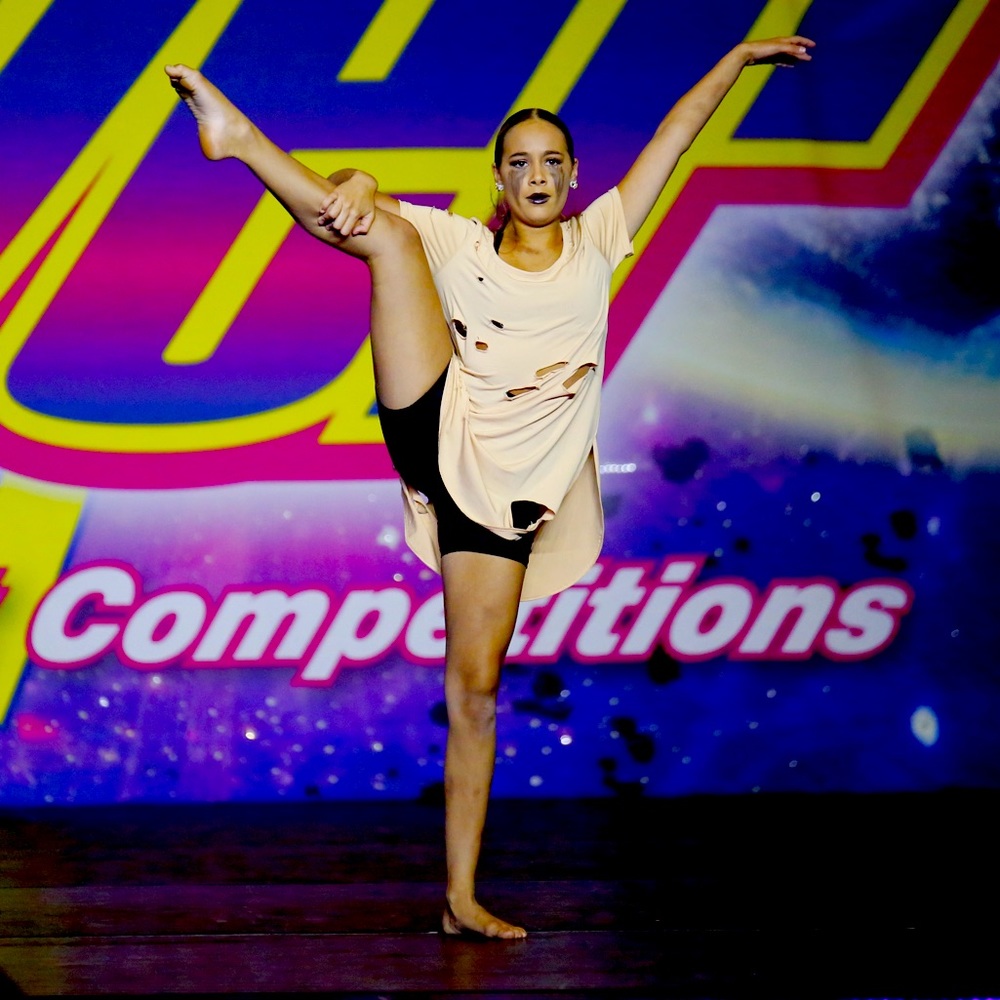 Cream/tan dance costume. Ripped tan gown with tan bottoms. Bottoms AS, top AM